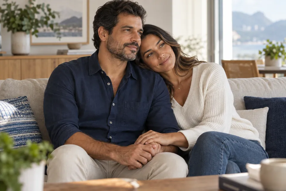 Casal sentado em casa demonstra apoio mútuo segurando as mãos (imagem ilustrativa).