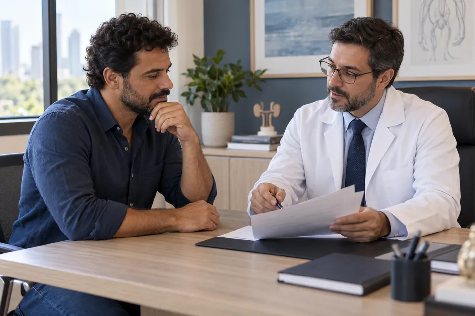 Homem conversa com especialista durante consulta de avaliação (imagem ilustrativa).