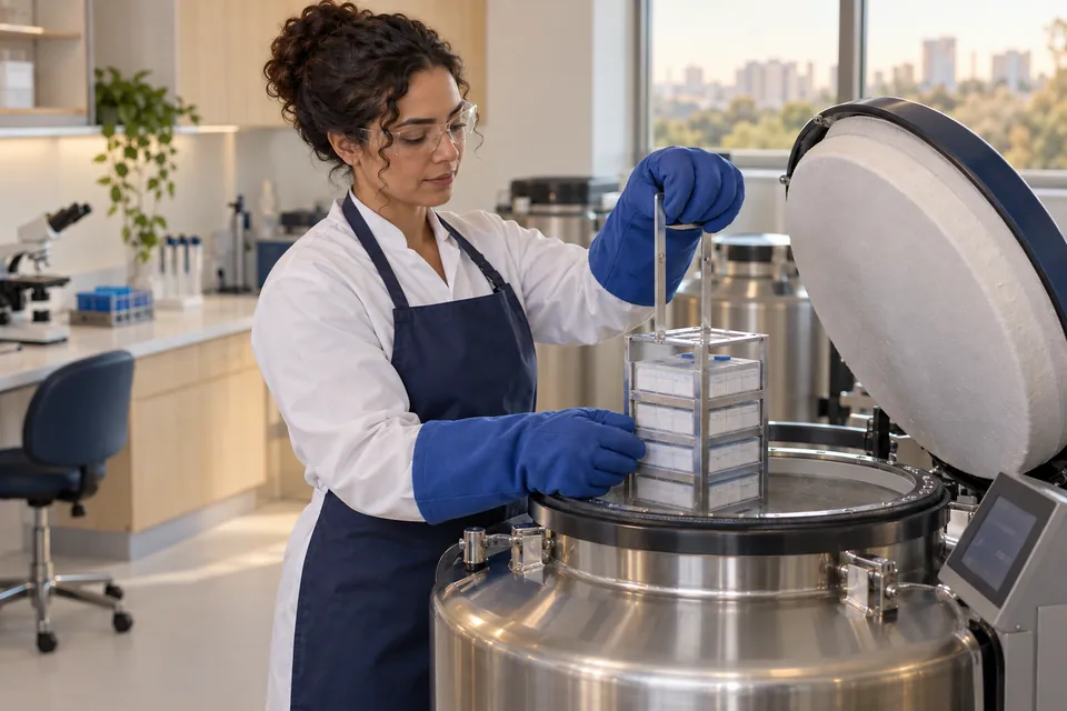 Profissional manuseia equipamento de armazenamento criogênico no laboratório (imagem ilustrativa).