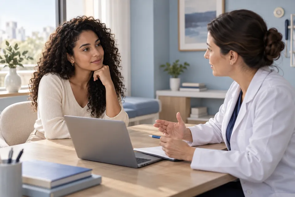 Mulher adulta jovem conversa com profissional em consulta de avaliação (imagem ilustrativa).