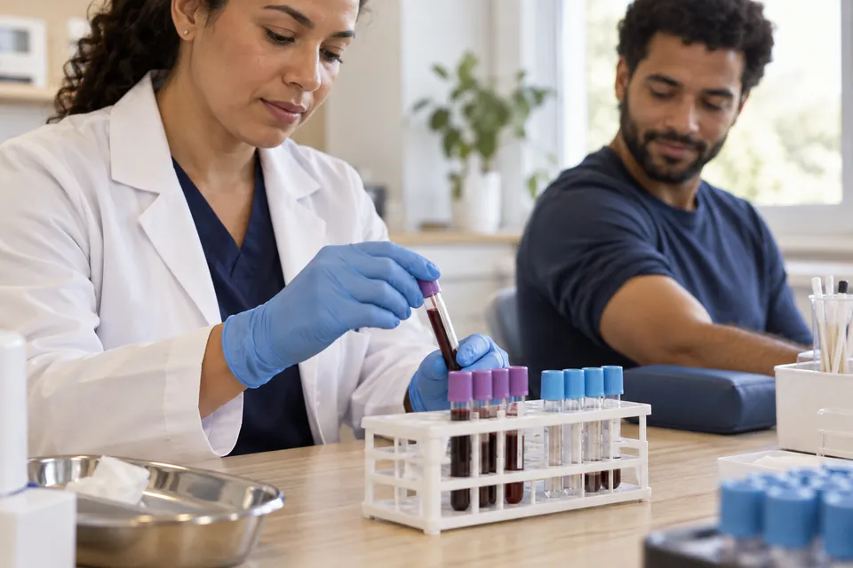 Profissional organiza tubos de amostras para exames laboratoriais (imagem ilustrativa).