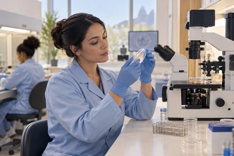 Embriologista trabalha com placa de cultivo e microscópio no laboratório (imagem ilustrativa).