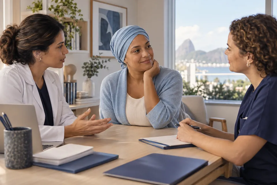 Paciente conversa com profissionais de saúde em consulta de planejamento (imagem ilustrativa).