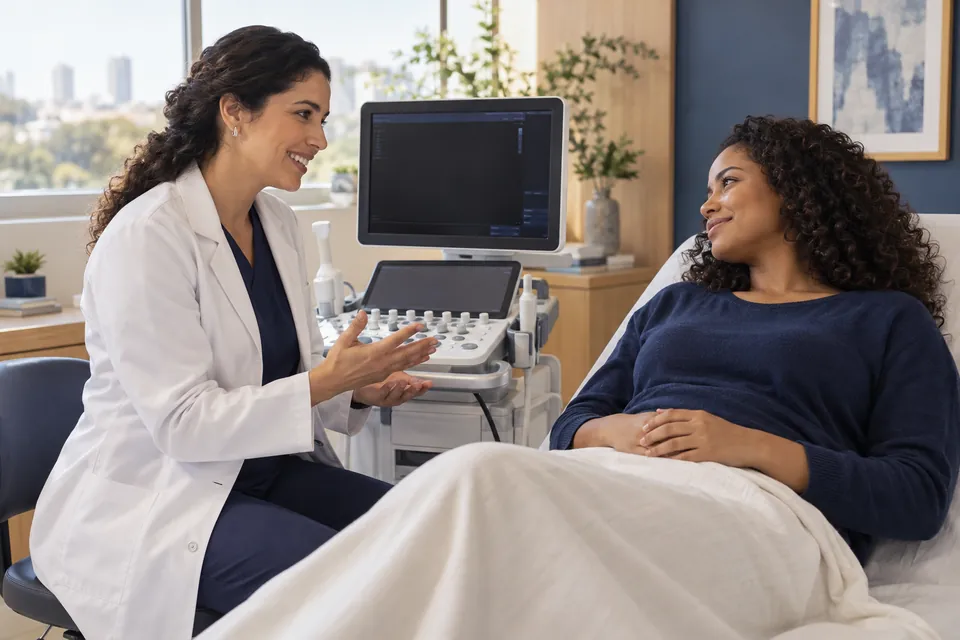 Paciente e profissional durante consulta com equipamento de ultrassom (imagem ilustrativa).
