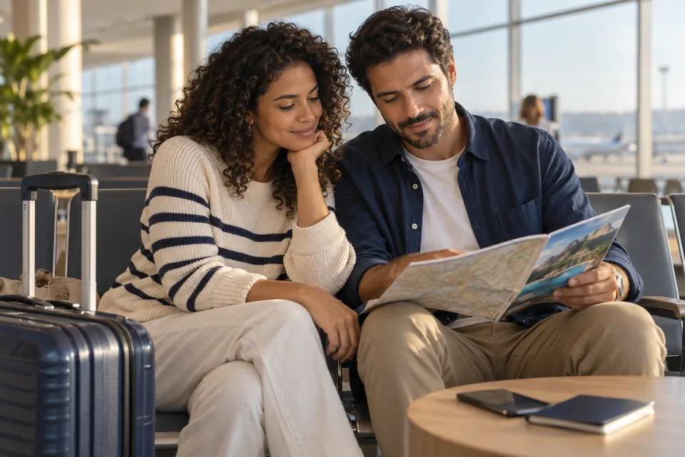 Casal com bagagem organiza uma viagem em sala de embarque (imagem ilustrativa).